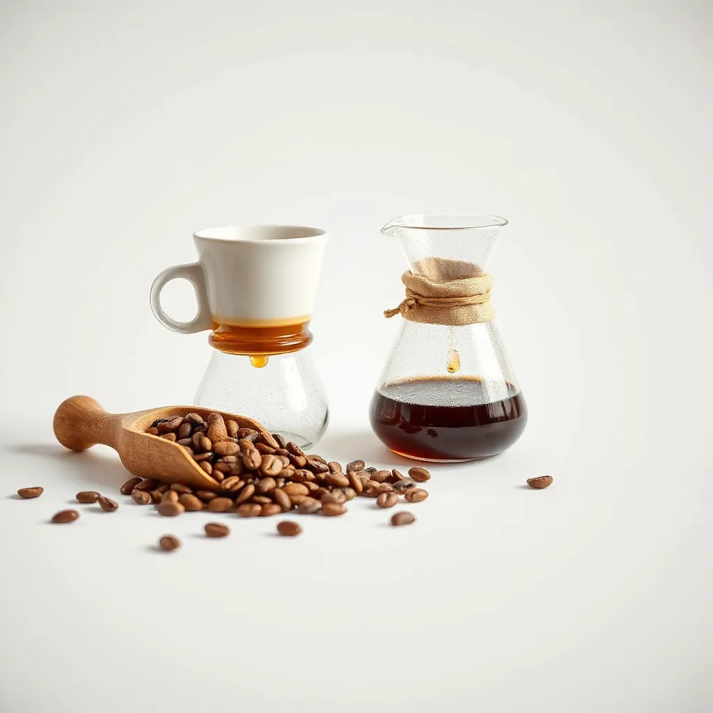 Light roast coffee in a pour-over dripper with light golden brew and a scoop of coffee beans on a wooden surface
