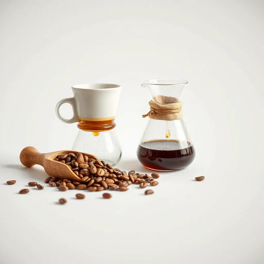 Light roast coffee in a pour-over dripper with light golden brew and a scoop of coffee beans on a wooden surface