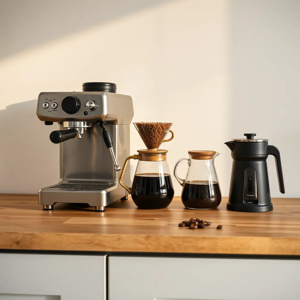 Three artisanal coffee makers on a wooden counter with coffee beans and warm morning light