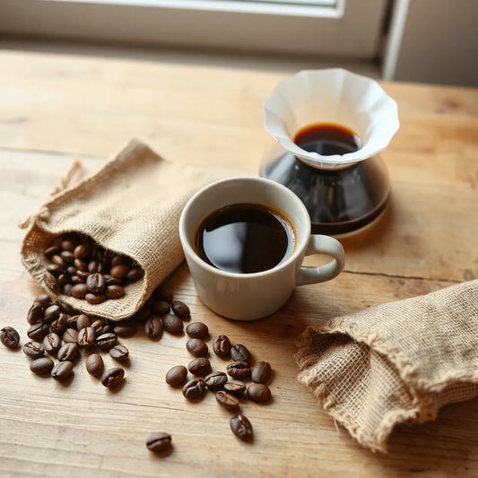 A cup of medium roast coffee with scattered beans on a wooden table
