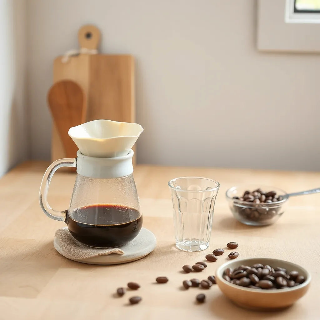 Pour-over coffee brewing over a light wood counter with whole beans nearby