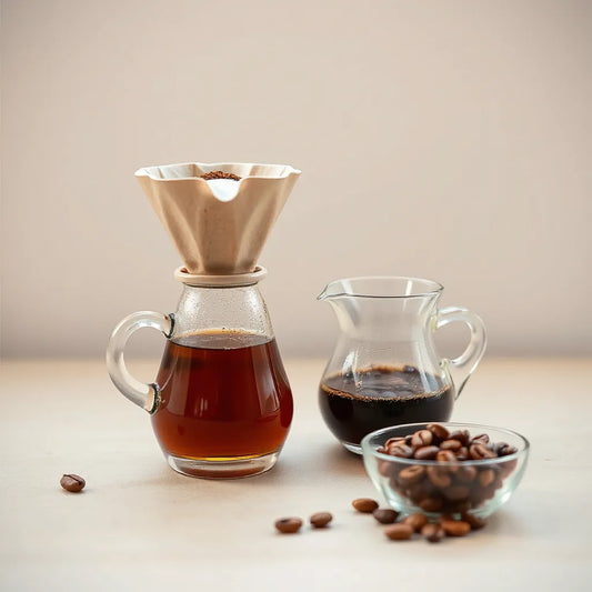 Pour-over dripper with freshly ground coffee, glass carafe, and whole beans on a neutral countertop