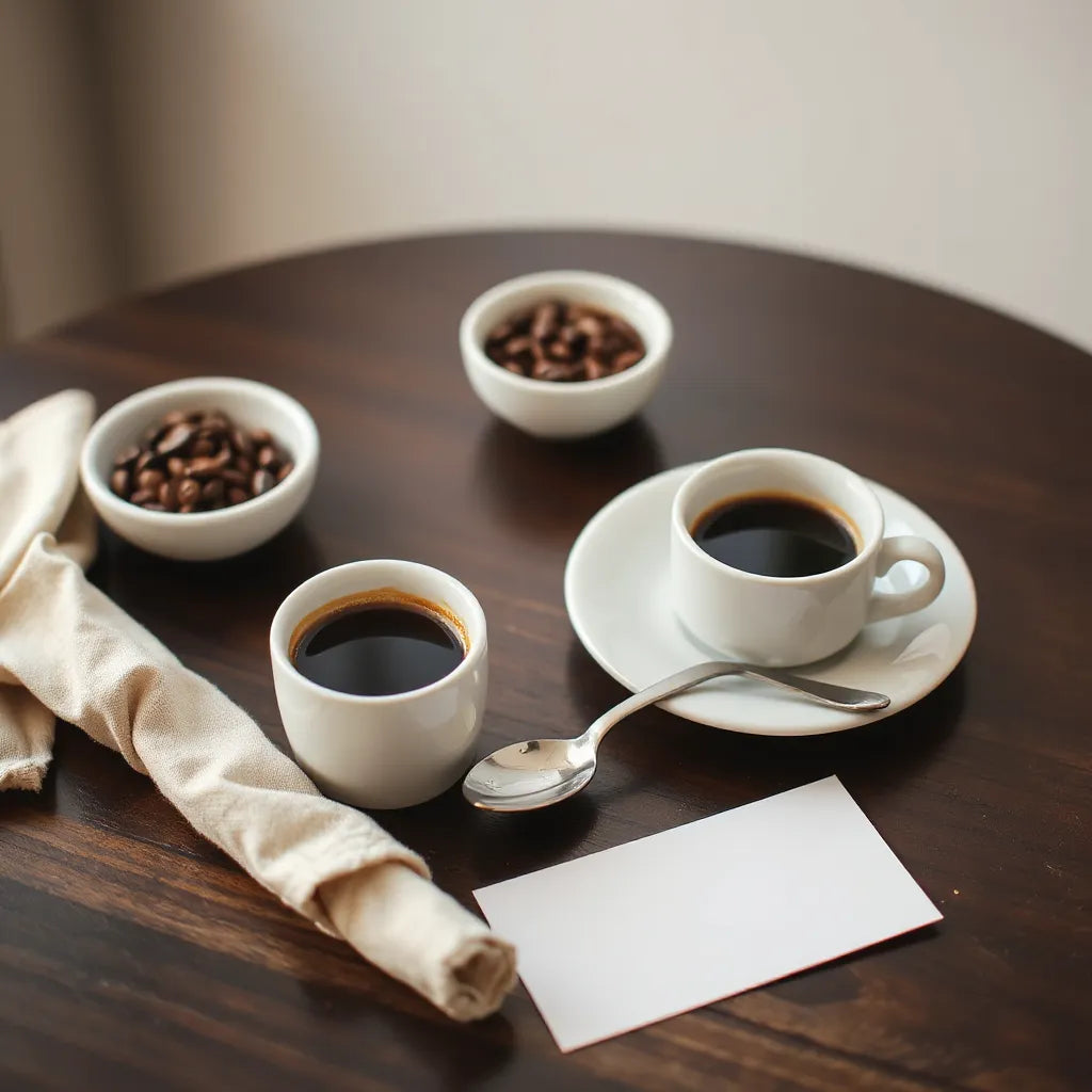 Assorted coffee cups with beans and a spoon on a wooden table, ready for tasting notes evaluation