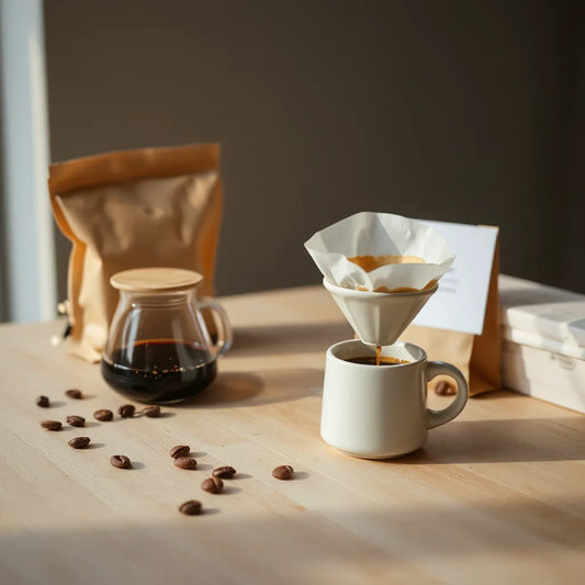 Freshly brewed coffee cup beside minimal coffee bags on a light wood table