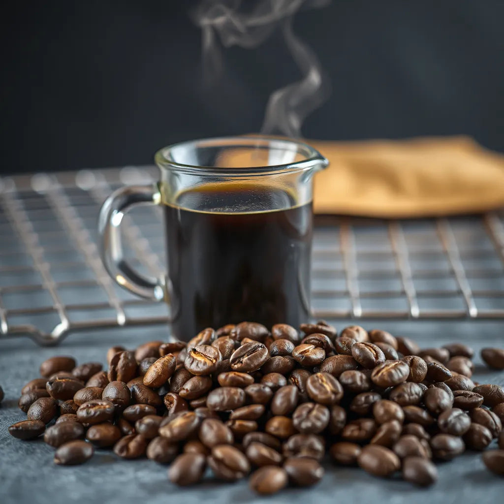 Roasted coffee beans near a beaker of dark coffee with steam rising during rapid temperature change