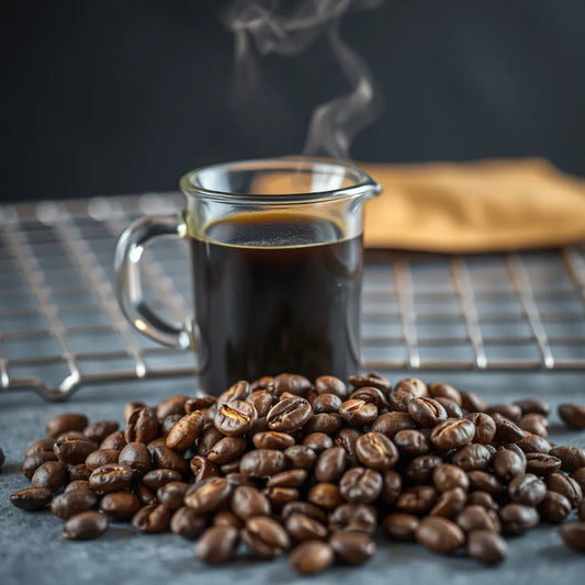 Roasted coffee beans near a beaker of dark coffee with steam rising during rapid temperature change
