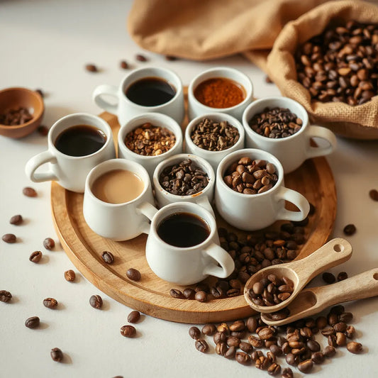 Assorted cups of coffee blends with whole beans on a wooden tray in warm natural light