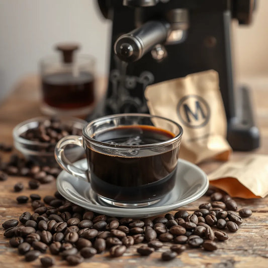 Steaming cup of dark roast coffee with dark beans on a rustic wooden table