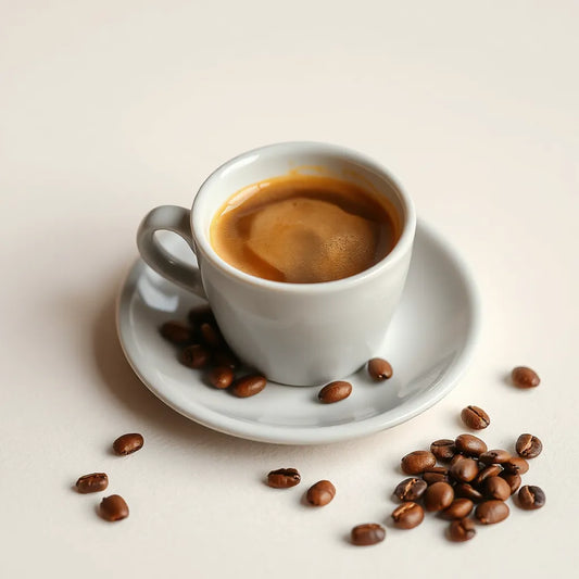 A fresh cup of brewed coffee with coffee beans on a light neutral background