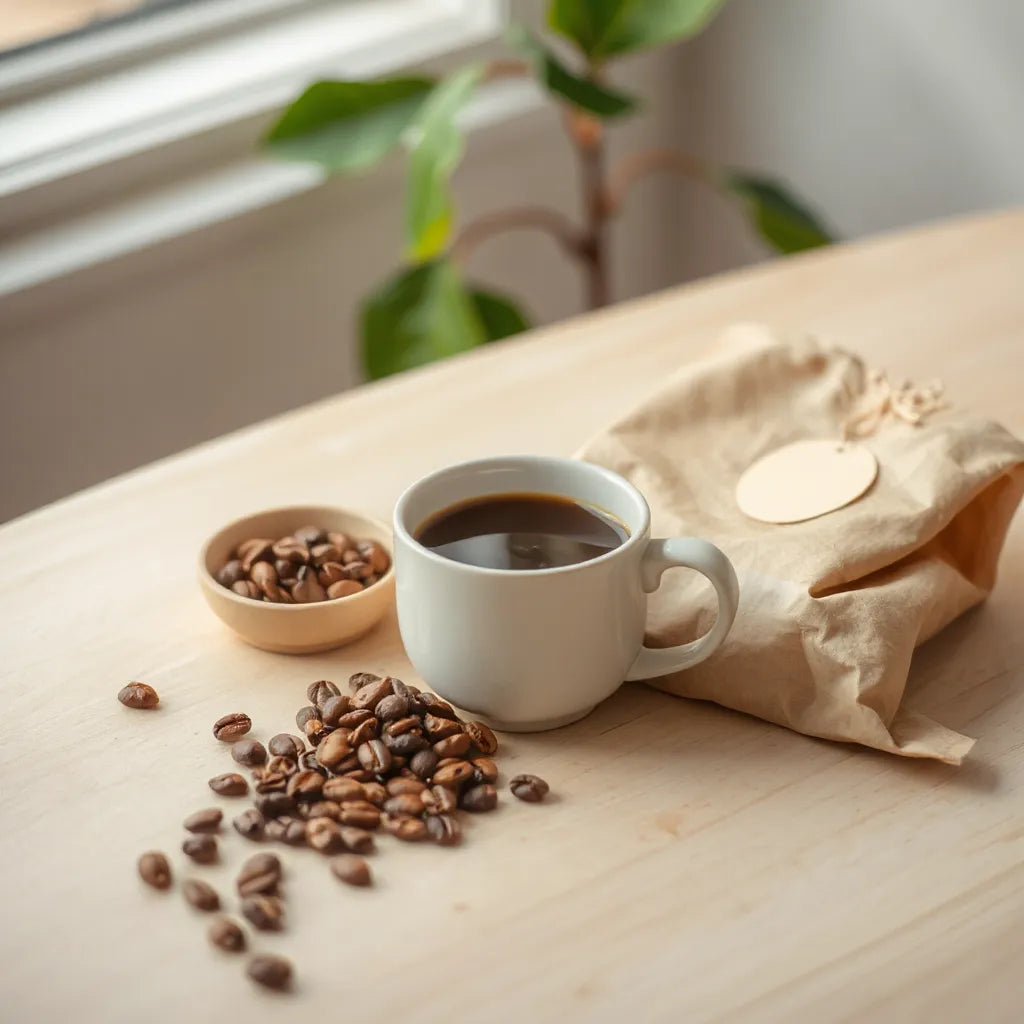 Single cup of freshly brewed coffee with whole beans on a wooden table in soft natural light.