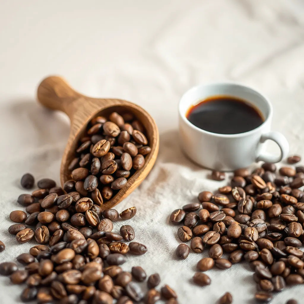 Fresh specialty coffee beans spilling from a wooden scoop with a softly blurred cup in the background