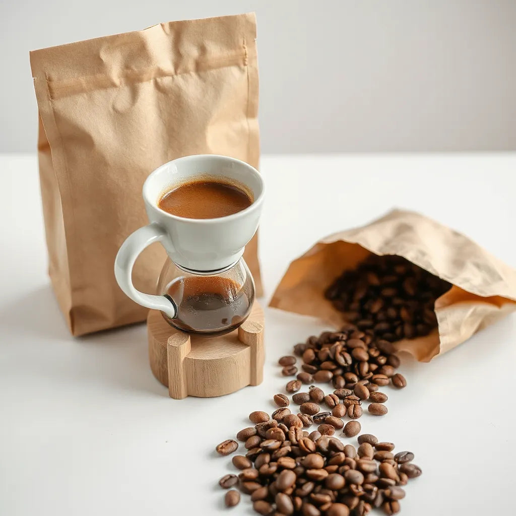 Freshly brewed cup of coffee with roasted beans on a wooden surface under soft natural light
