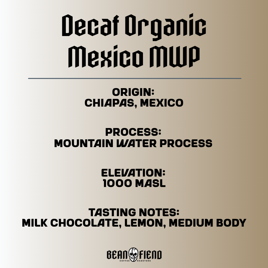 Decaf Mexico Mountain Water Process coffee bag label