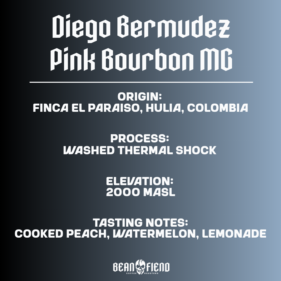 Diego Bermudez Pink Bourbon Thermal Shock Colombian coffee bag label