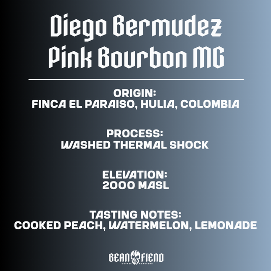 Diego Bermudez Pink Bourbon Thermal Shock Colombian coffee bag label